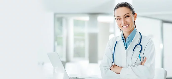 Smiling doctor offering professional Doctors On-call service at home