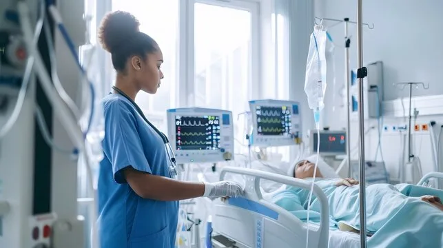 ICU care at home with a trained nurse monitoring a patient using advanced medical equipment and continuous vital support.