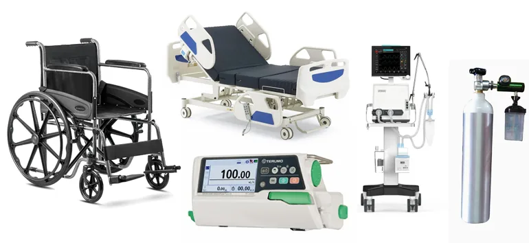 Medical Equipment Sales & Rental Service offering wheelchair, hospital bed, infusion pumps, ventilators, and oxygen cylinder for home care