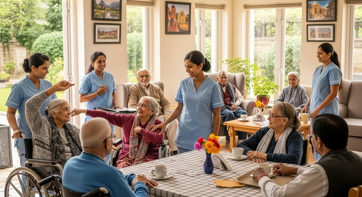 A warm and active elderly care home services in Kerala with senior residents interacting with caregivers in a bright, friendly environment.