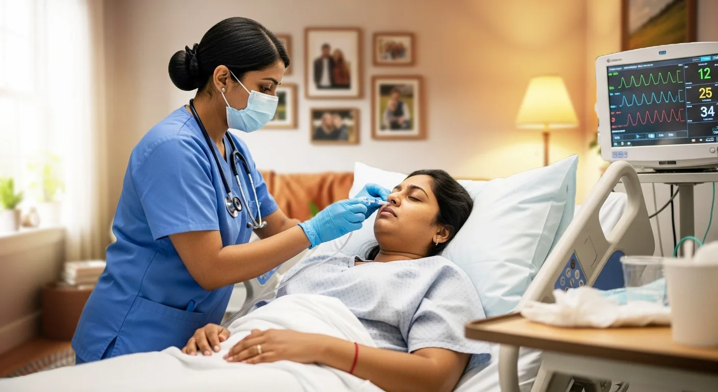 Nurse carefully inserting a Ryle's Tube for a patient in a hospital bed, ensuring safe and comfortable nasogastric feeding support.